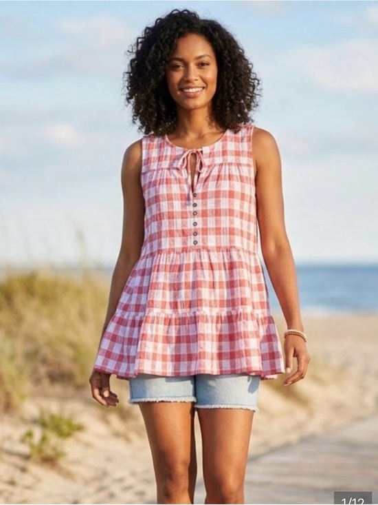 Anthropologie Tops - Anthropologie Pink Gingham Tie-Front Peplum Tunic
